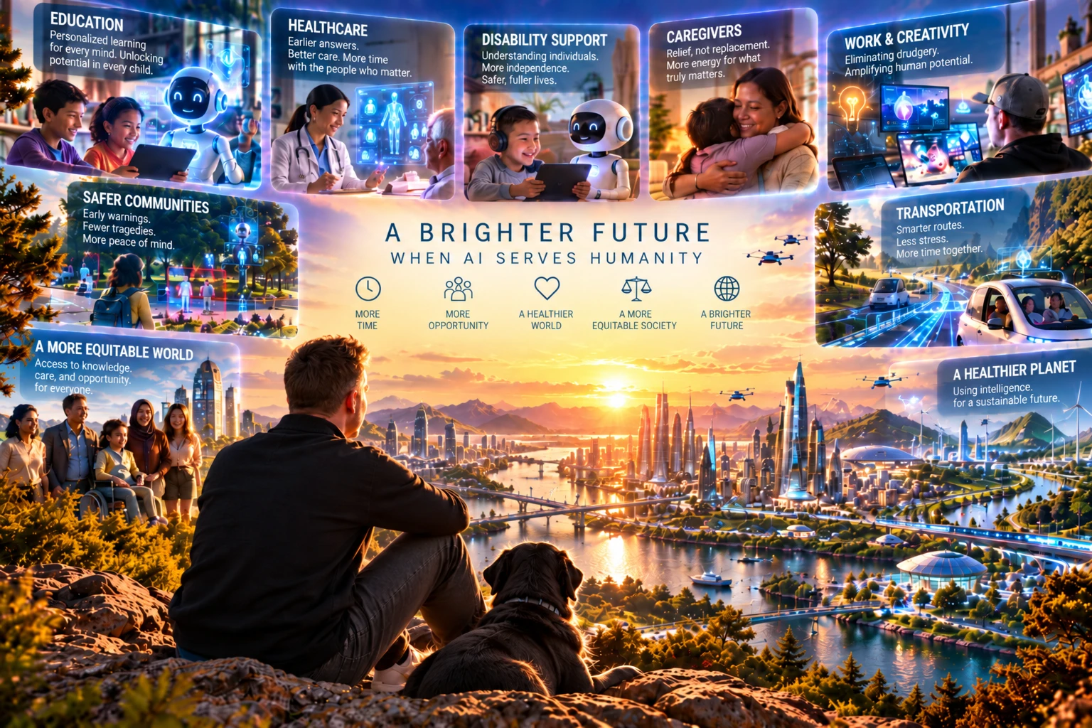 A person and a dog look out over a bright future city at sunset, surrounded by scenes of AI serving humanity: education, healthcare, disability support, caregivers, work and creativity, safer communities, transportation, a more equitable world, and a healthier planet. The title reads A Brighter Future When AI Serves Humanity.