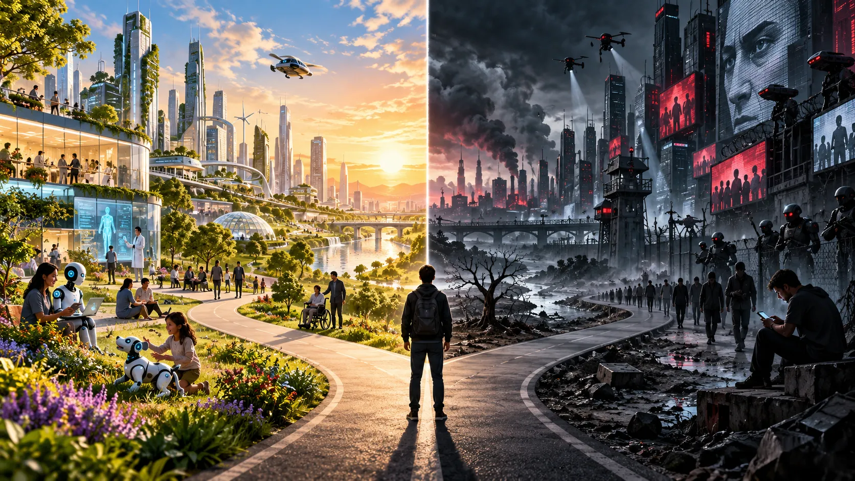 A person with a backpack stands at a fork in the road. To the left, a bright, green future city at sunset where families, caregivers, a wheelchair user, and friendly robots share open parkland. To the right, a dark, polluted city of surveillance screens, drones, and armed robots.